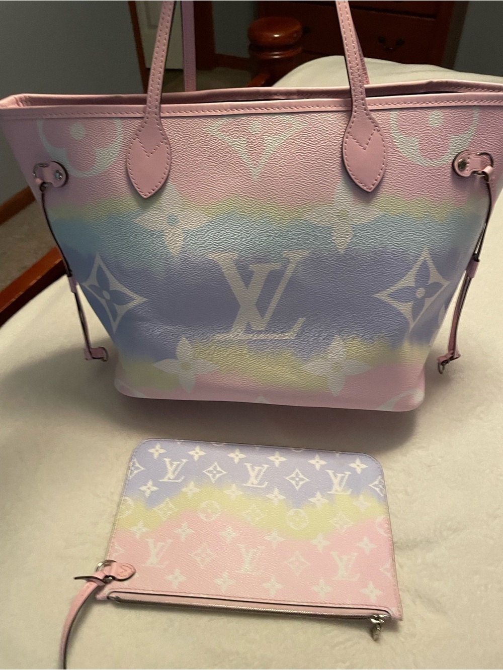 Louis Vuitton Pastel Pink Lavender Yellow Monogram Never-full with Pouch